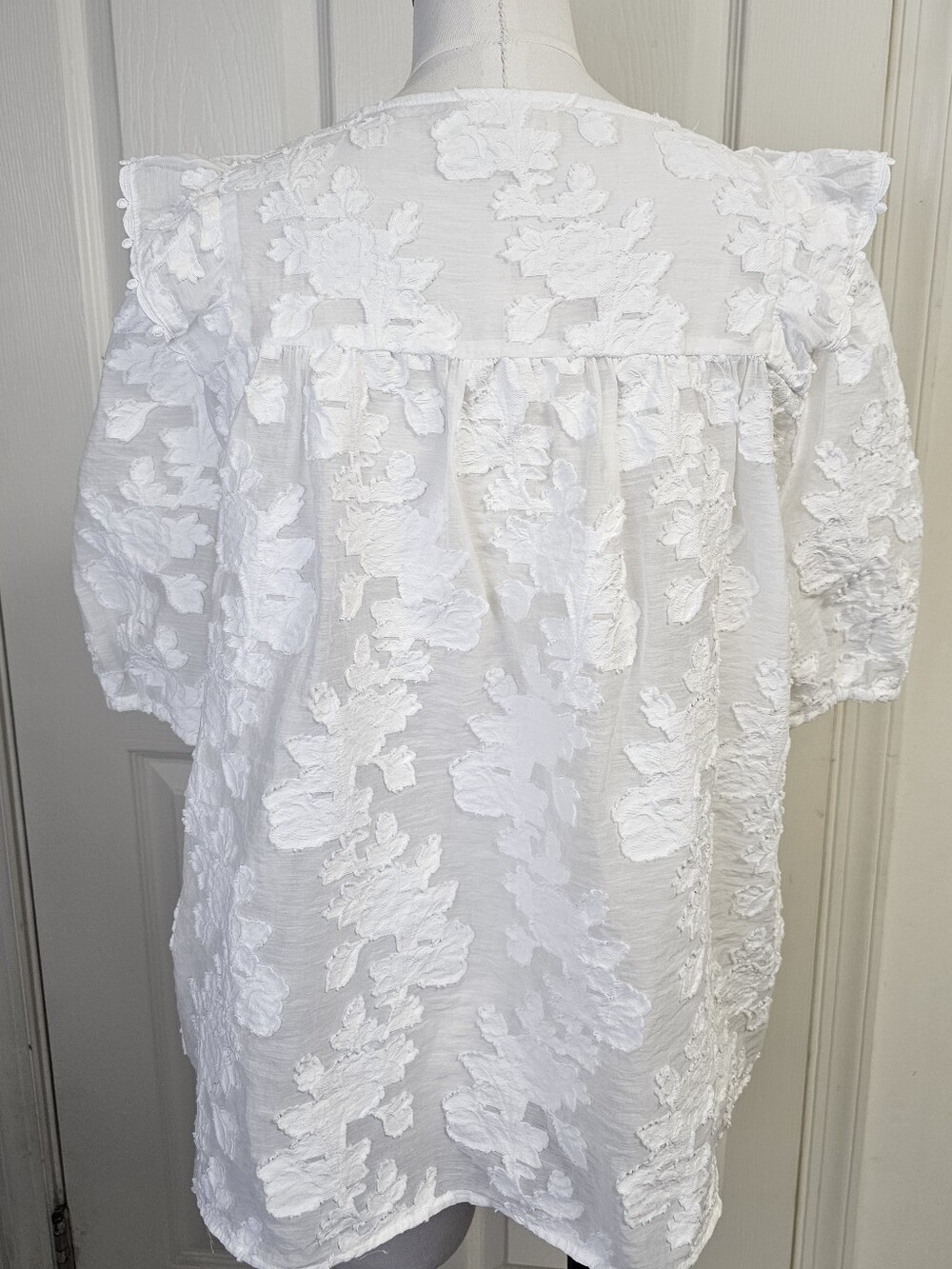 Sezane Jordanna Blouse White Floral Devoré Lace Ruffle Puff Sleeve Sz EU 46 US14 - Picture 6 of 11